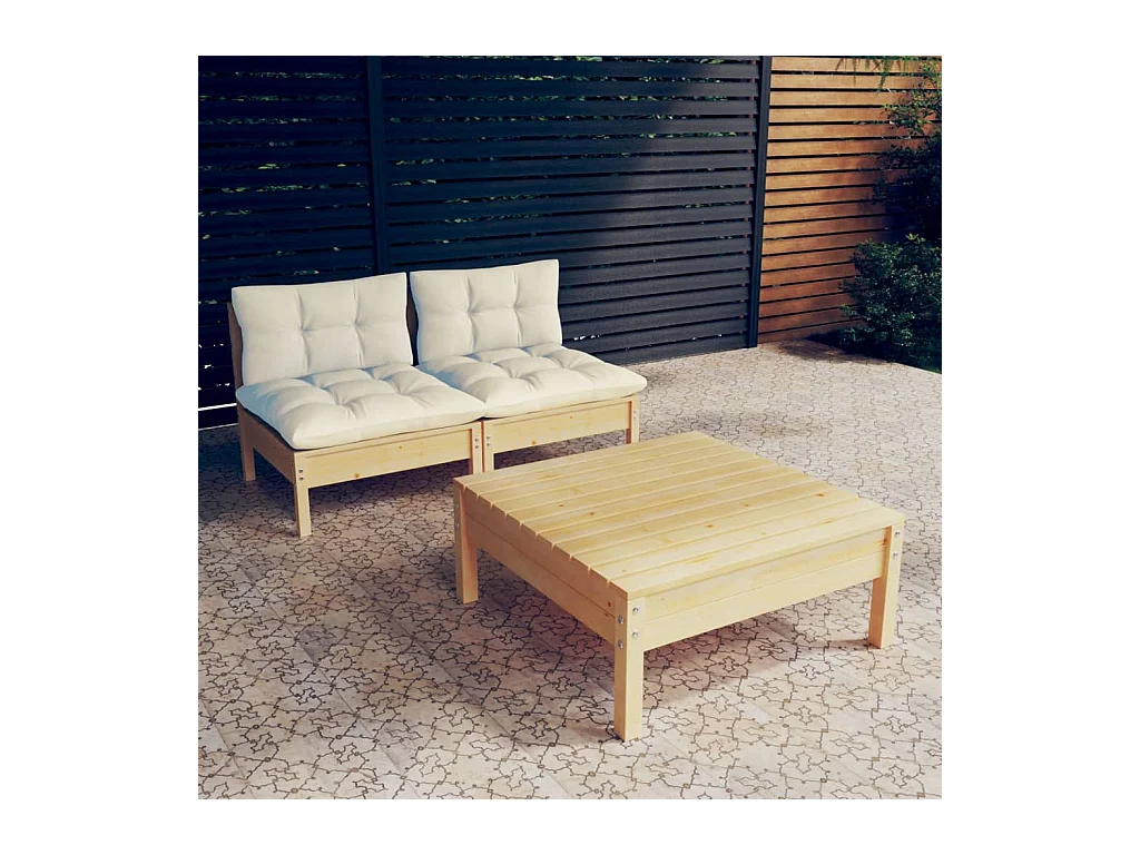 Salon de jardin 3 pcs avec coussins crème bois de pin
