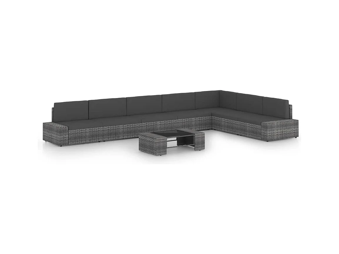 8-delige Loungeset met kussens poly rattan grijs