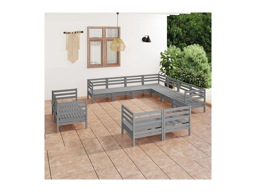 Salon de jardin 11 pcs Bois de pin massif Gris