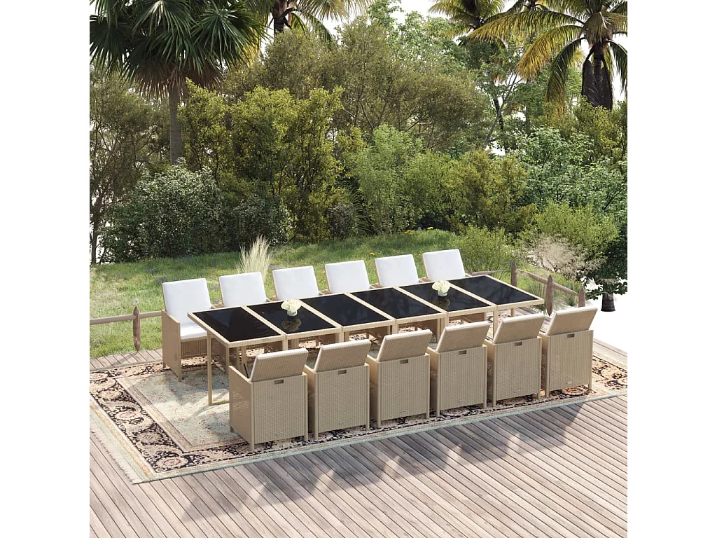 Set da Pranzo da Giardino 13 pz con Cuscini in Polyrattan Beige