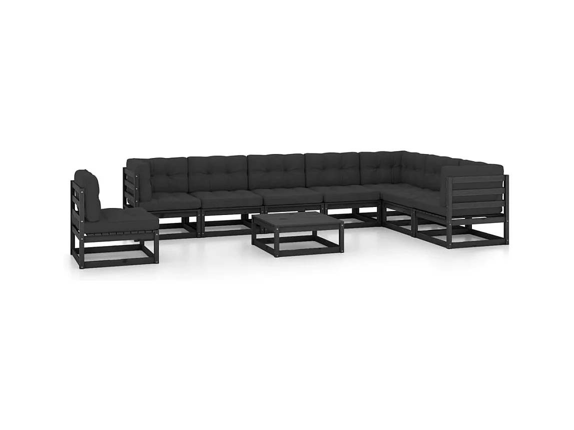 9-delige Loungeset met kussens massief grenenhout zwart