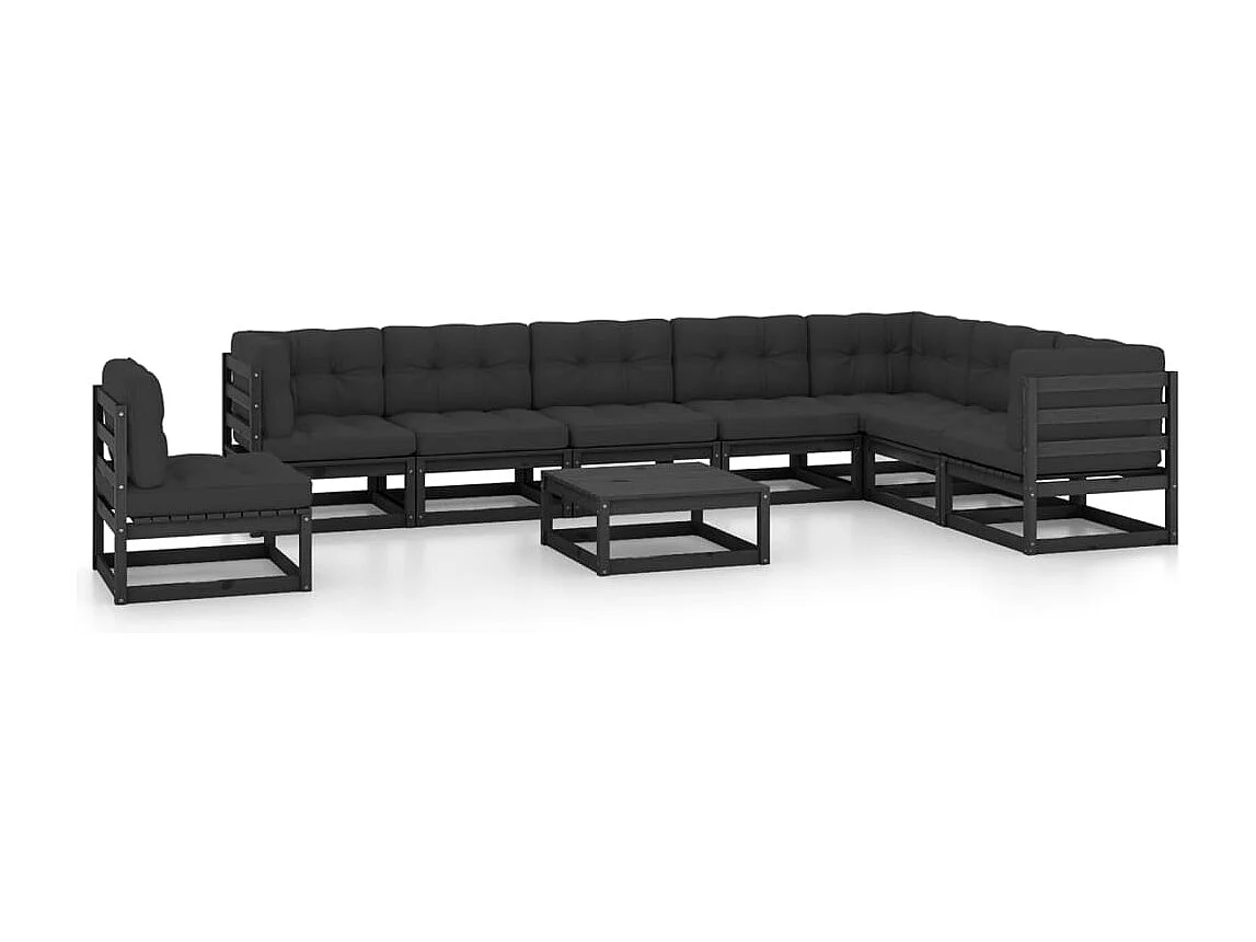 9-tlg. Garten-Lounge-Set mit Kissen Schwarz Massivholz Kiefer