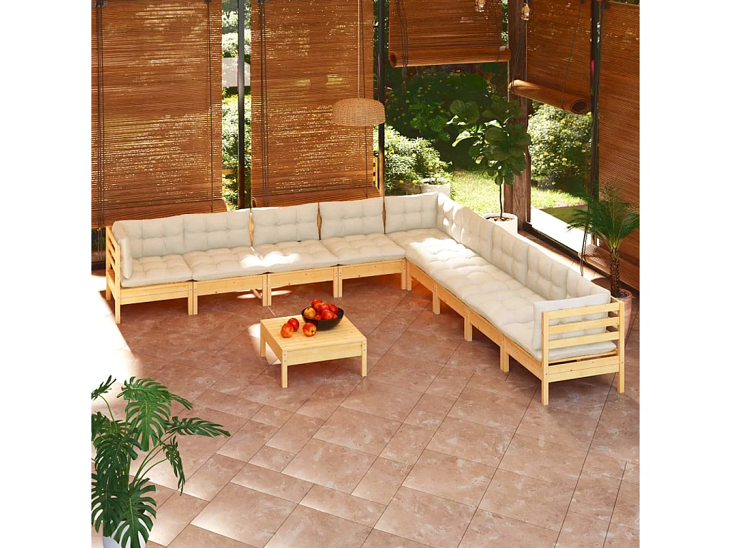 10 pcs conjunto lounge jardim c/ almofadões creme pinho maciço