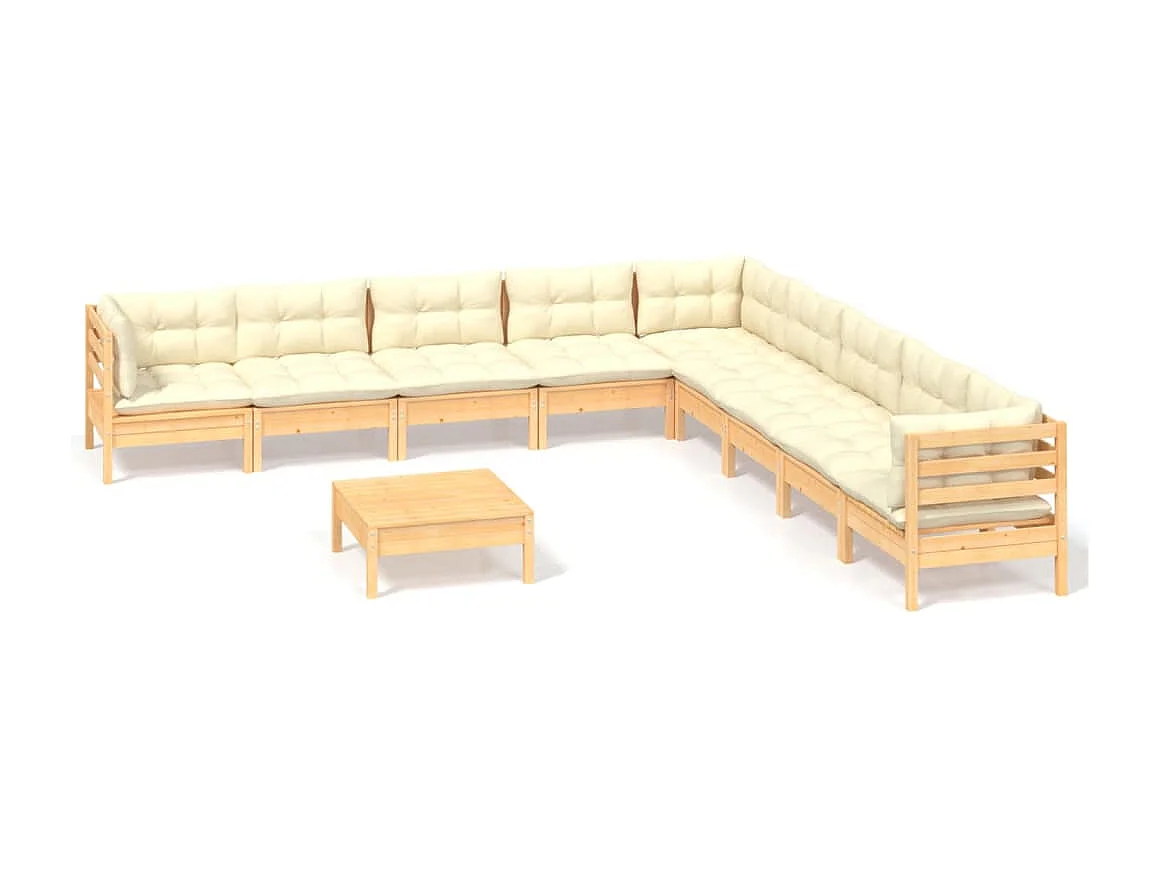 10 pcs conjunto lounge jardim c/ almofadões creme pinho maciço