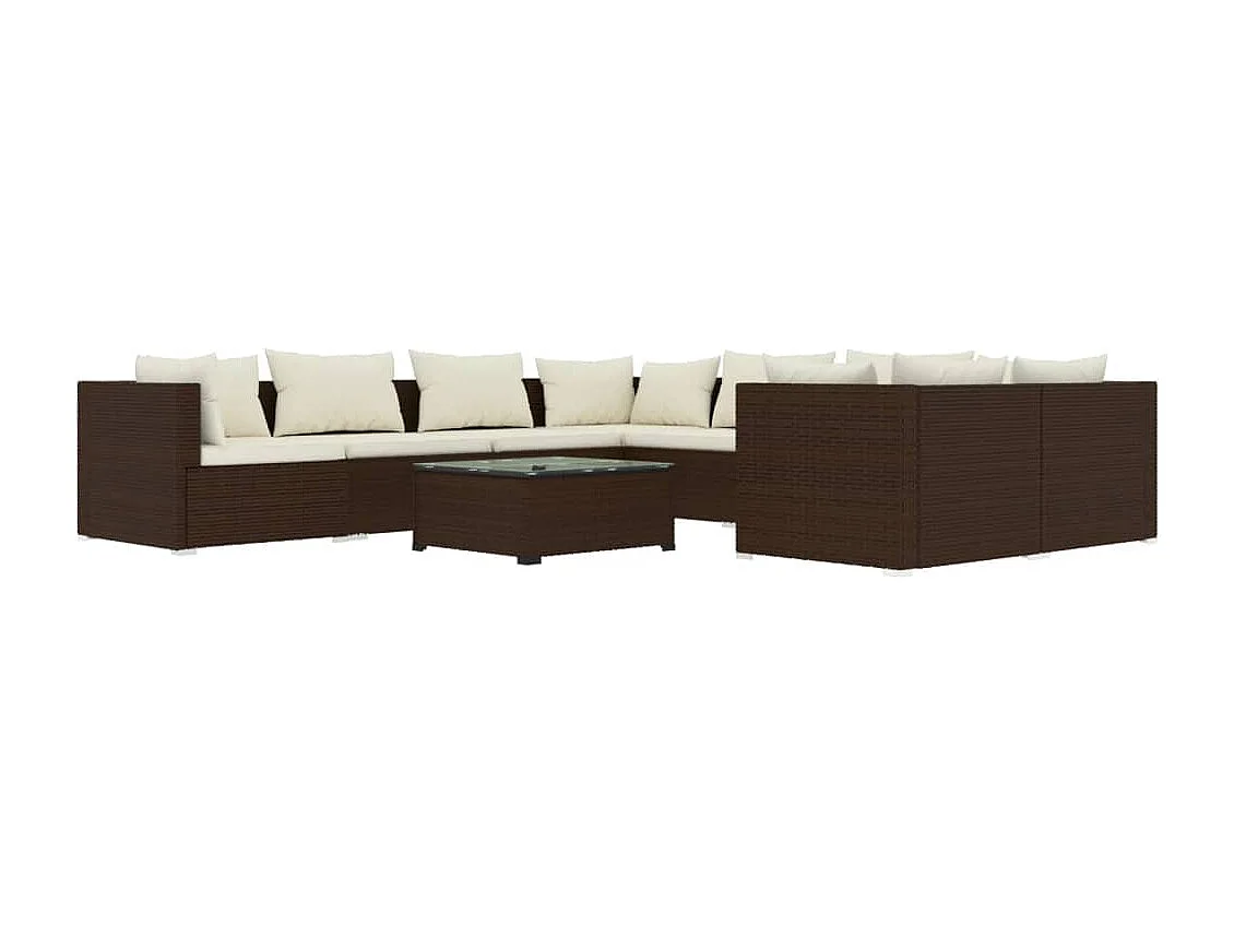 9 pcs conjunto lounge jardim c/ almofadões vime PE castanho