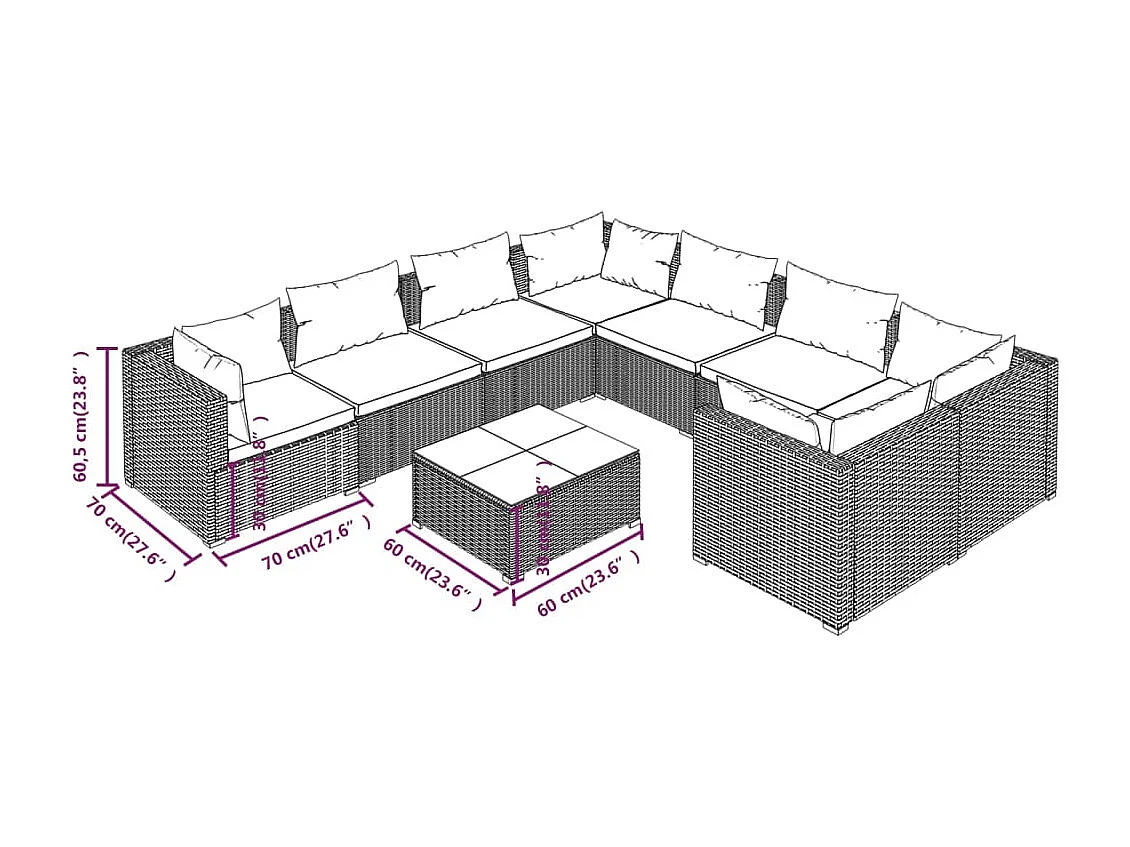 9 pcs conjunto lounge jardim c/ almofadões vime PE castanho