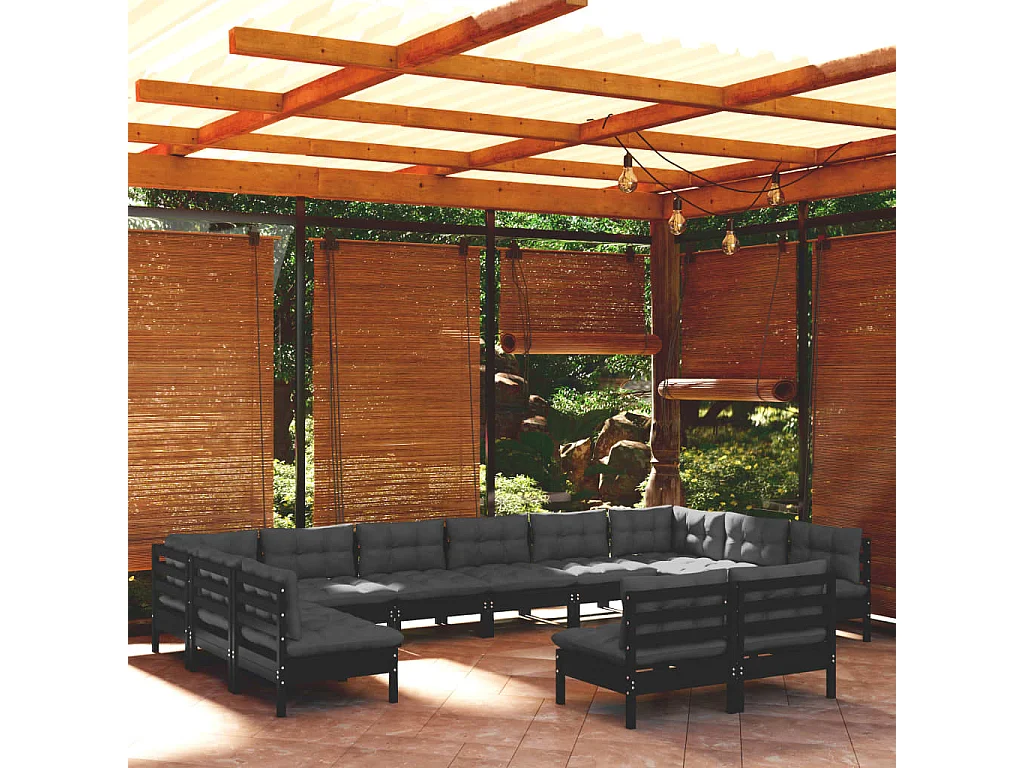 Salon de jardin 12 pcs avec coussins Noir Bois de pin solide