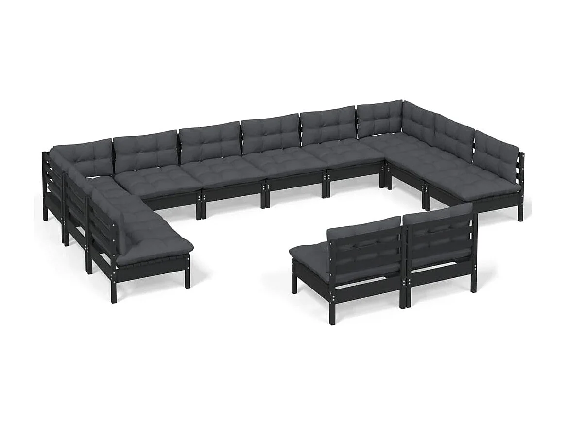 Salon de jardin 12 pcs avec coussins Noir Bois de pin solide