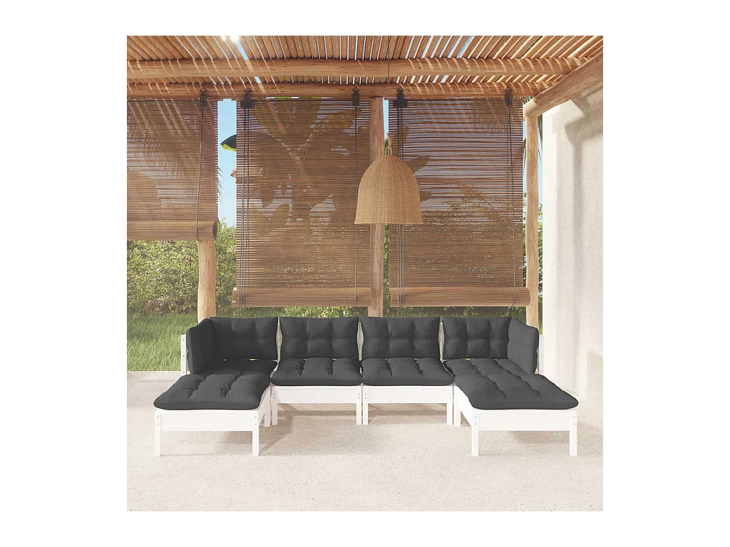 Salon de jardin 6 pcs avec coussins blanc bois de pin