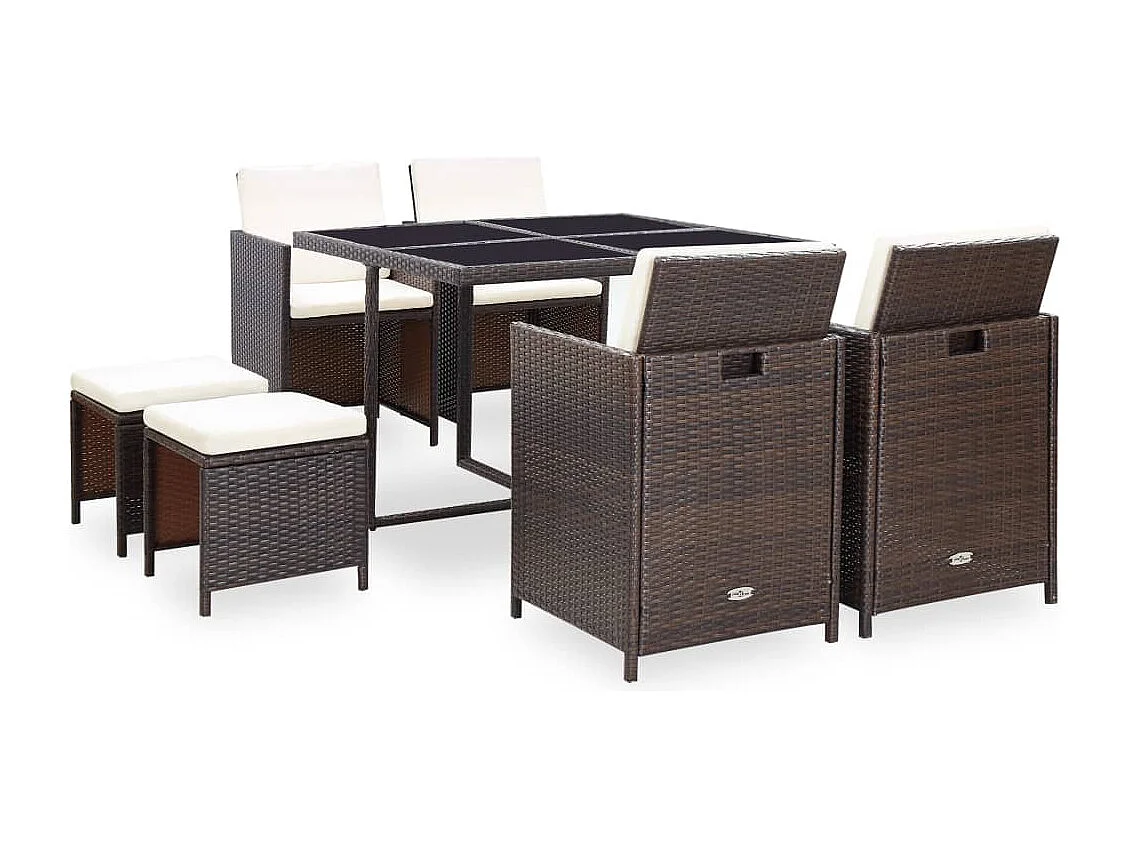 Set comedor de jardín 9 piezas y cojines ratán sintético marrón