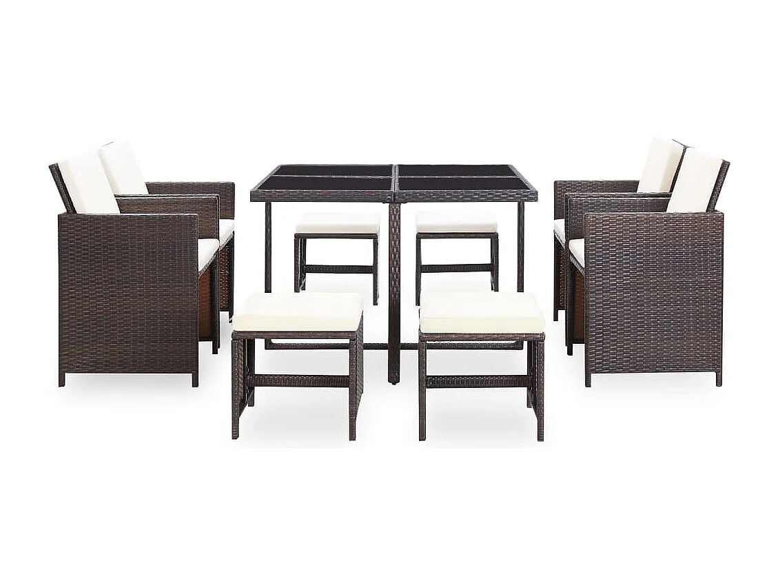 Set comedor de jardín 9 piezas y cojines ratán sintético marrón