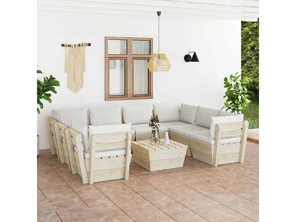 9-tlg. Garten-Sofagarnitur aus Paletten mit Kissen Fichtenholz