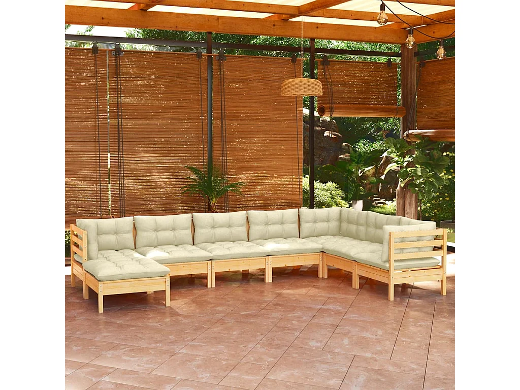 Salon de jardin 8 pcs avec coussins crème Bois de pin massif