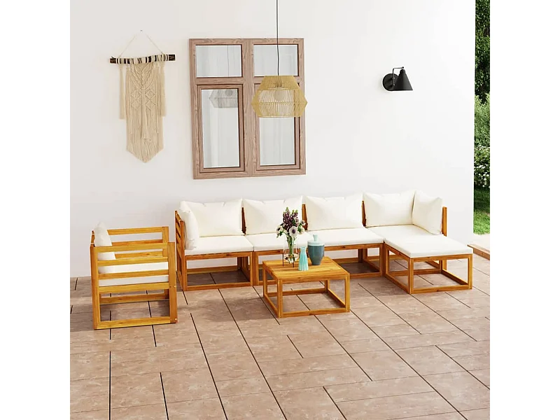 7-tlg. Garten-Lounge-Set mit Auflagen Creme Massivholz Akazie