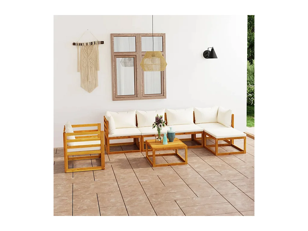 Set Divani da Giardino 7 pz con Cuscini Crema Massello Acacia