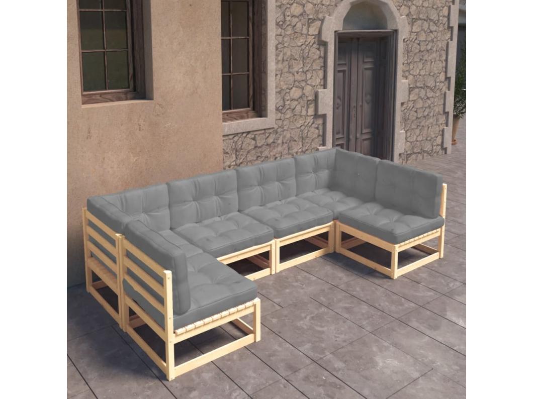 6 pcs conjunto lounge de jardim c/ almofadões pinho maciço