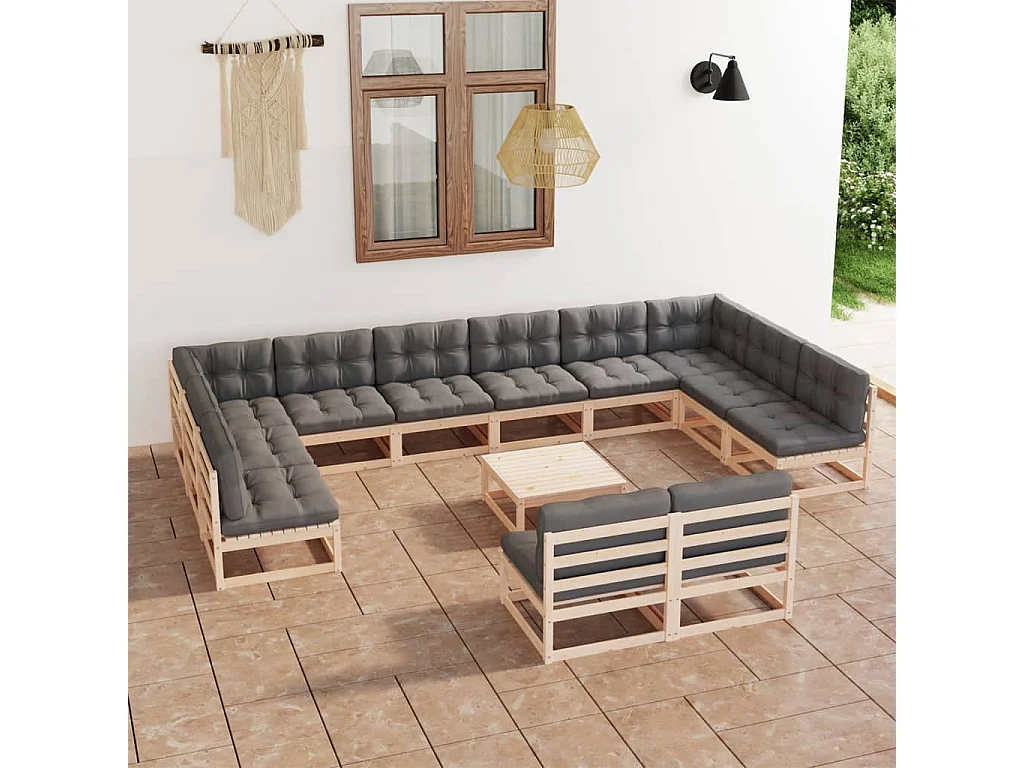 Salon de jardin 13 pcs avec coussins Bois de pin massif