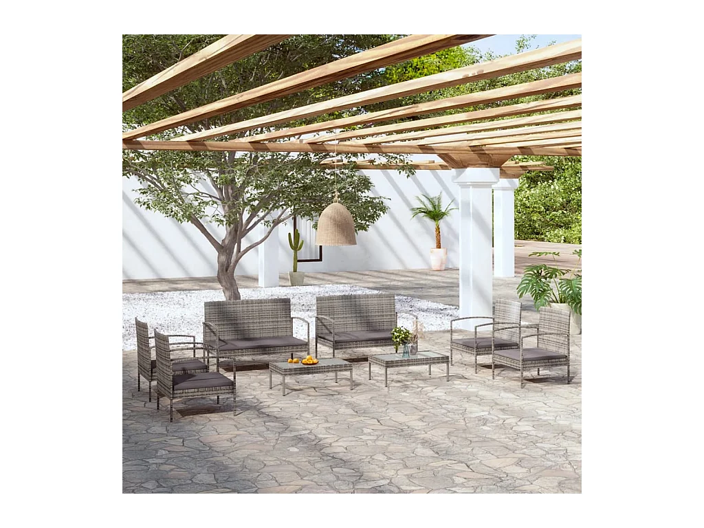8-delige Loungeset met kussens poly rattan grijs