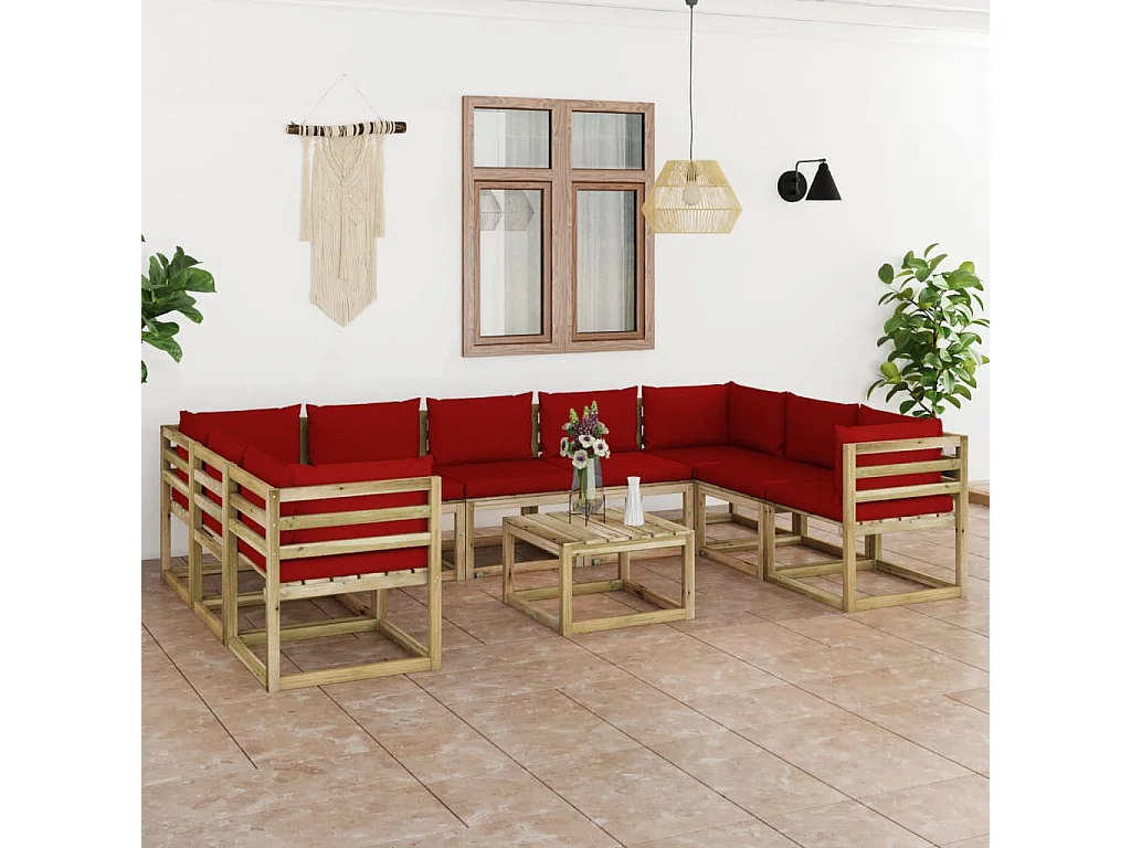 Conj. lounge de jardim 10 pcs com almofadões pinho impregnado