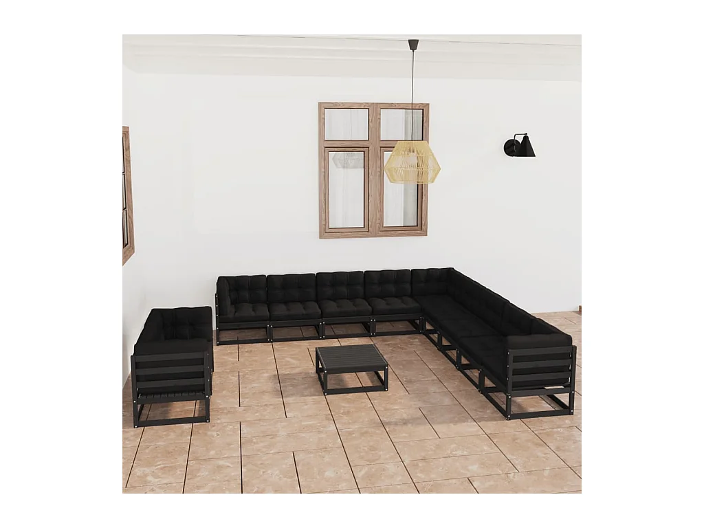 12-delige Loungeset met kussens massief grenenhout zwart