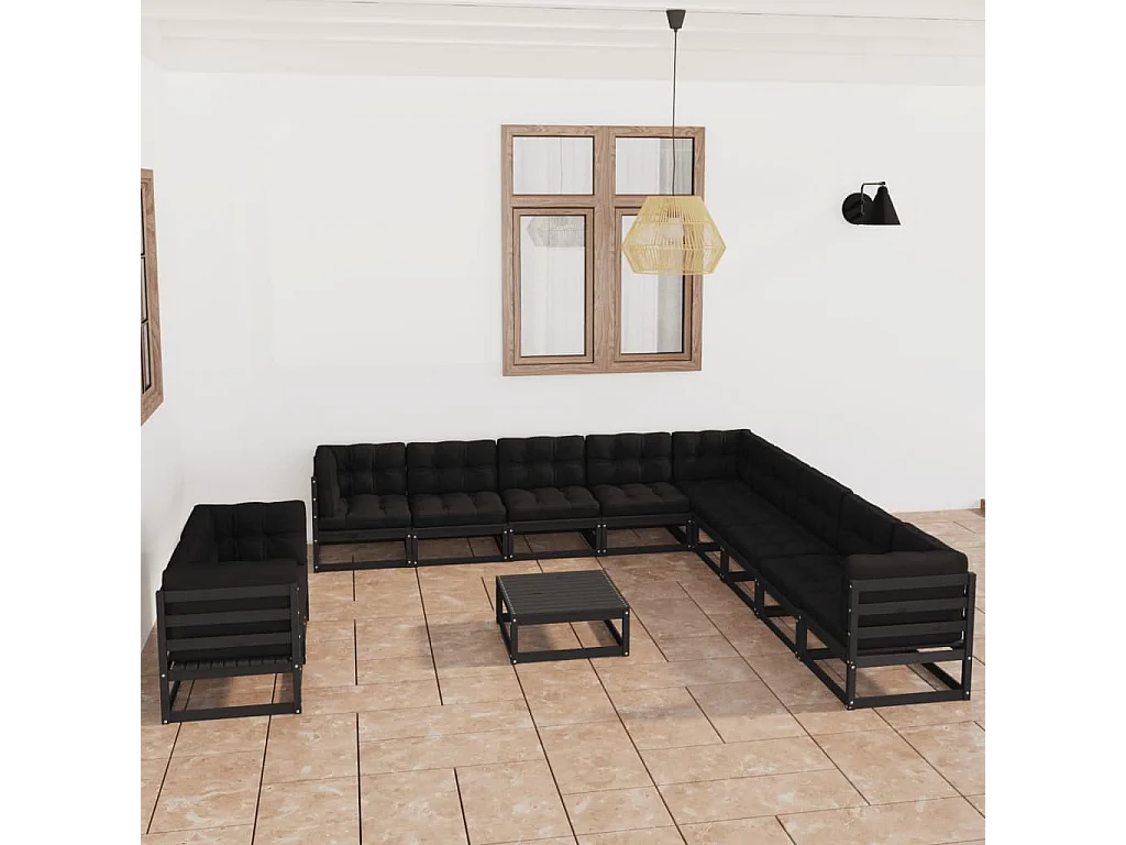 12 pcs conjunto longue jardim c/ almofadões pinho maciço preto