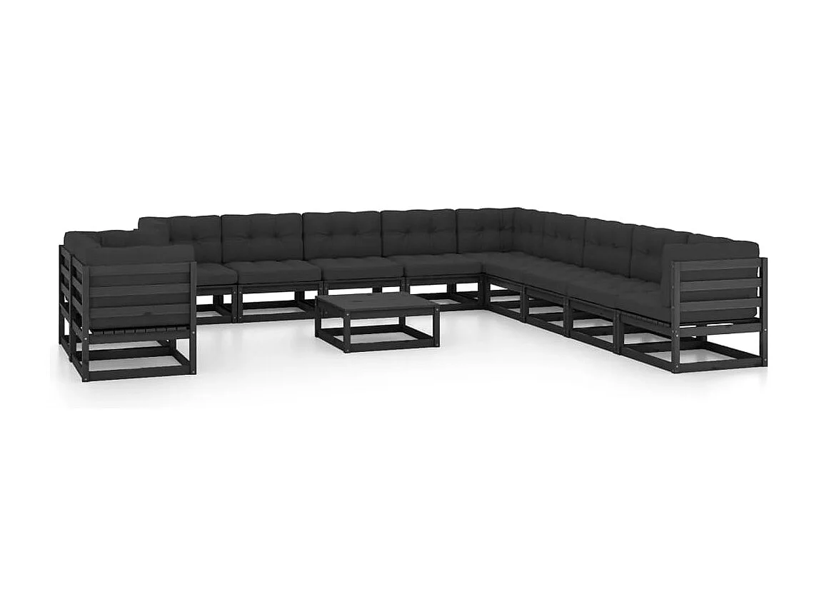 12 pcs conjunto longue jardim c/ almofadões pinho maciço preto
