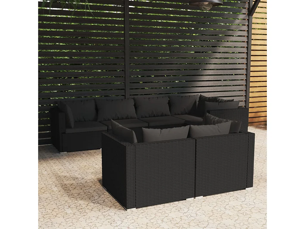 7 pcs conjunto lounge de jardim c/ almofadões vime PE preto