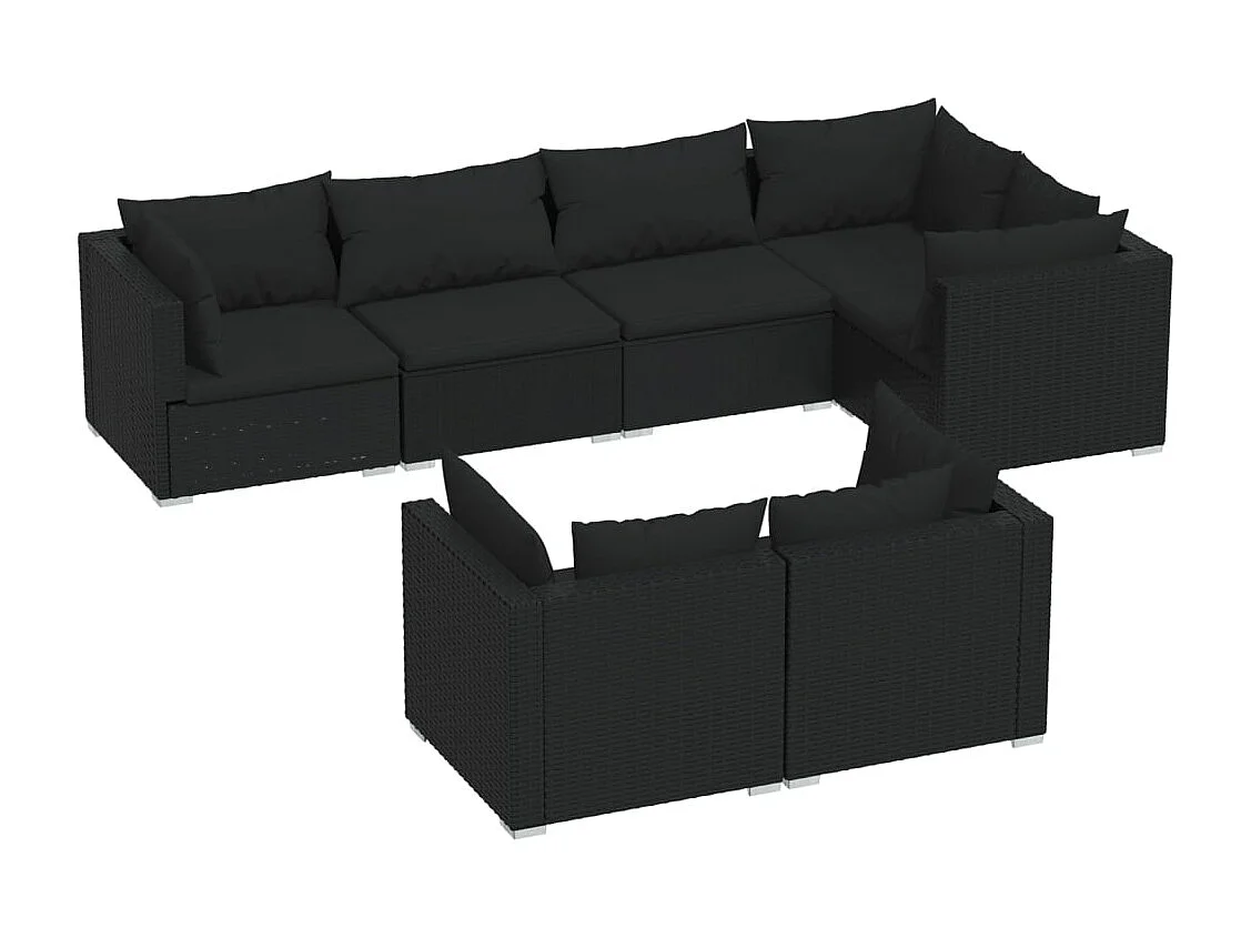 7 pcs conjunto lounge de jardim c/ almofadões vime PE preto