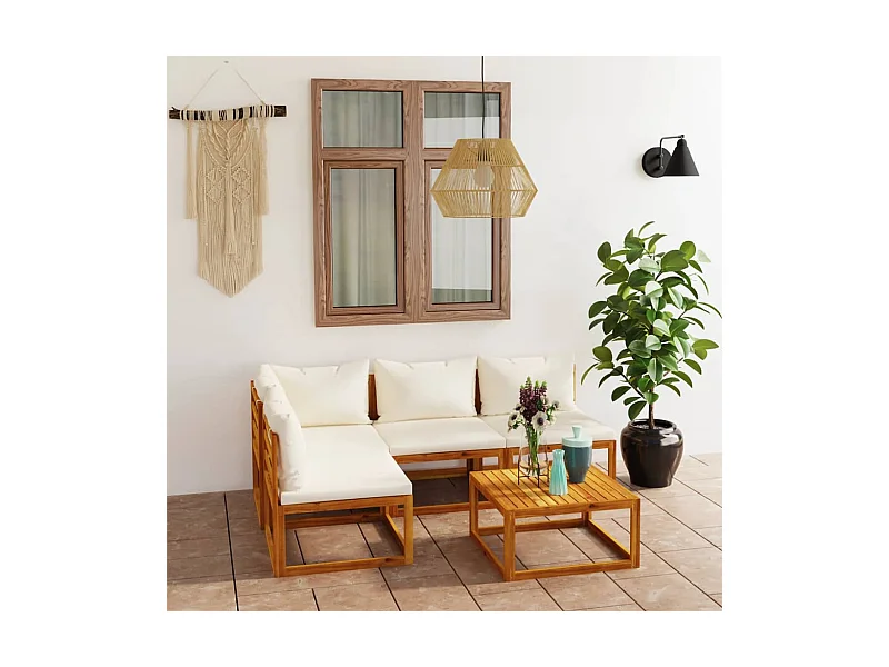 Salon de jardin 5 pcs avec coussin Crème Bois d'acacia solide