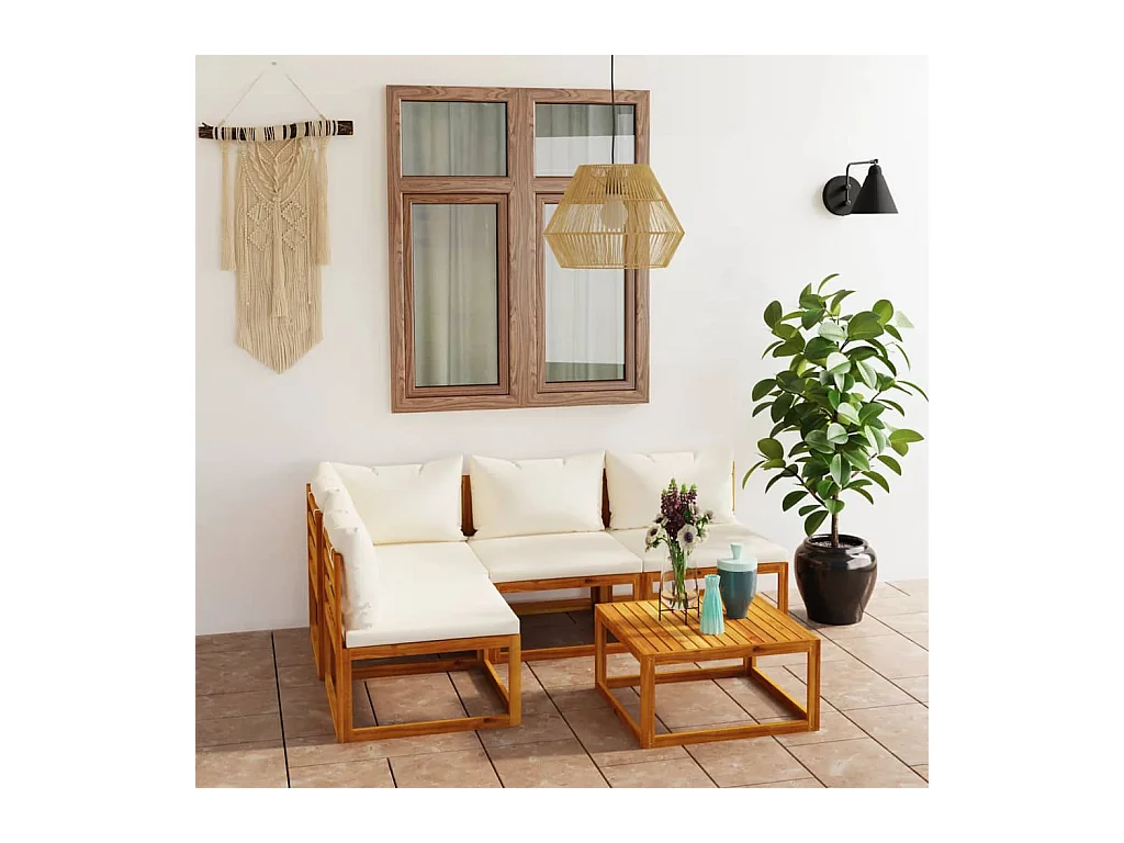 Salon de jardin 5 pcs avec coussin Crème Bois d'acacia solide