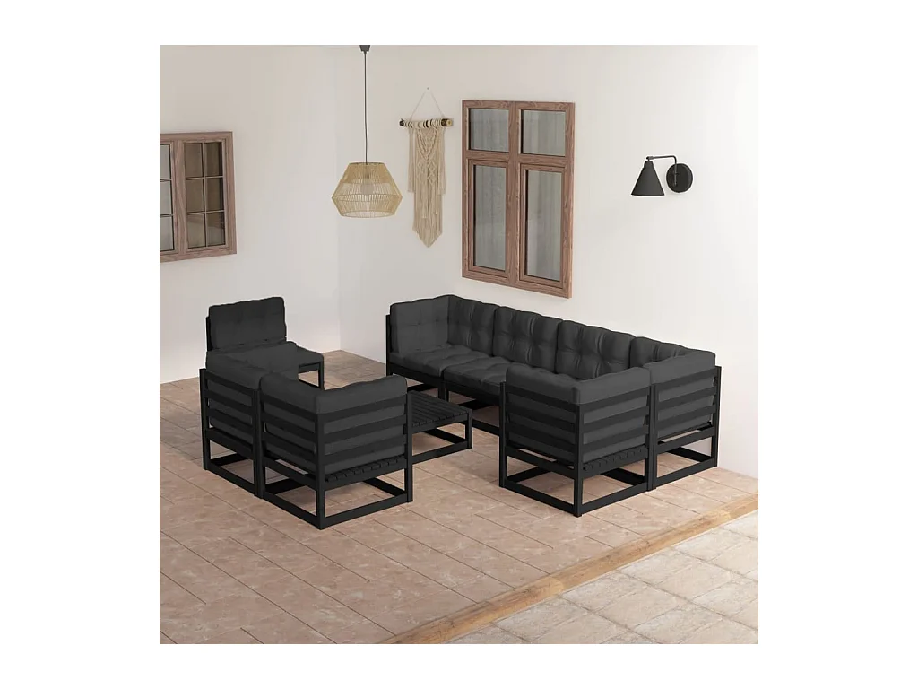9-delige Loungeset met kussens massief grenenhout