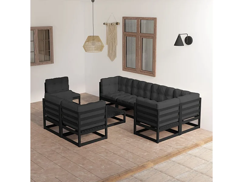 9 pcs conjunto lounge de jardim c/ almofadões pinho maciço