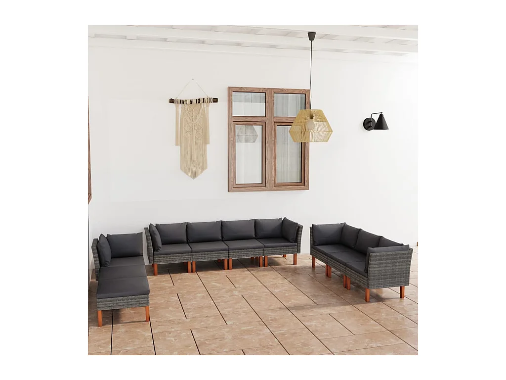 Salon de jardin 10 pcs avec coussins Résine tressée Gris