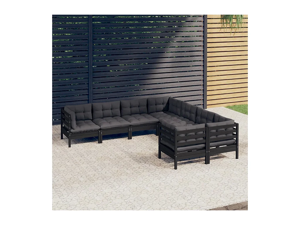 8-tlg. Garten-Lounge-Set mit Kissen Schwarz Massivholz Kiefer