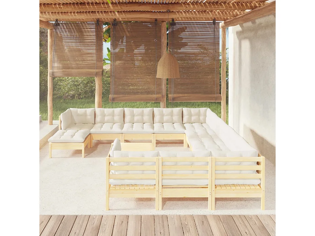 13-tlg. Garten-Lounge-Set mit Creme Kissen Kiefernholz