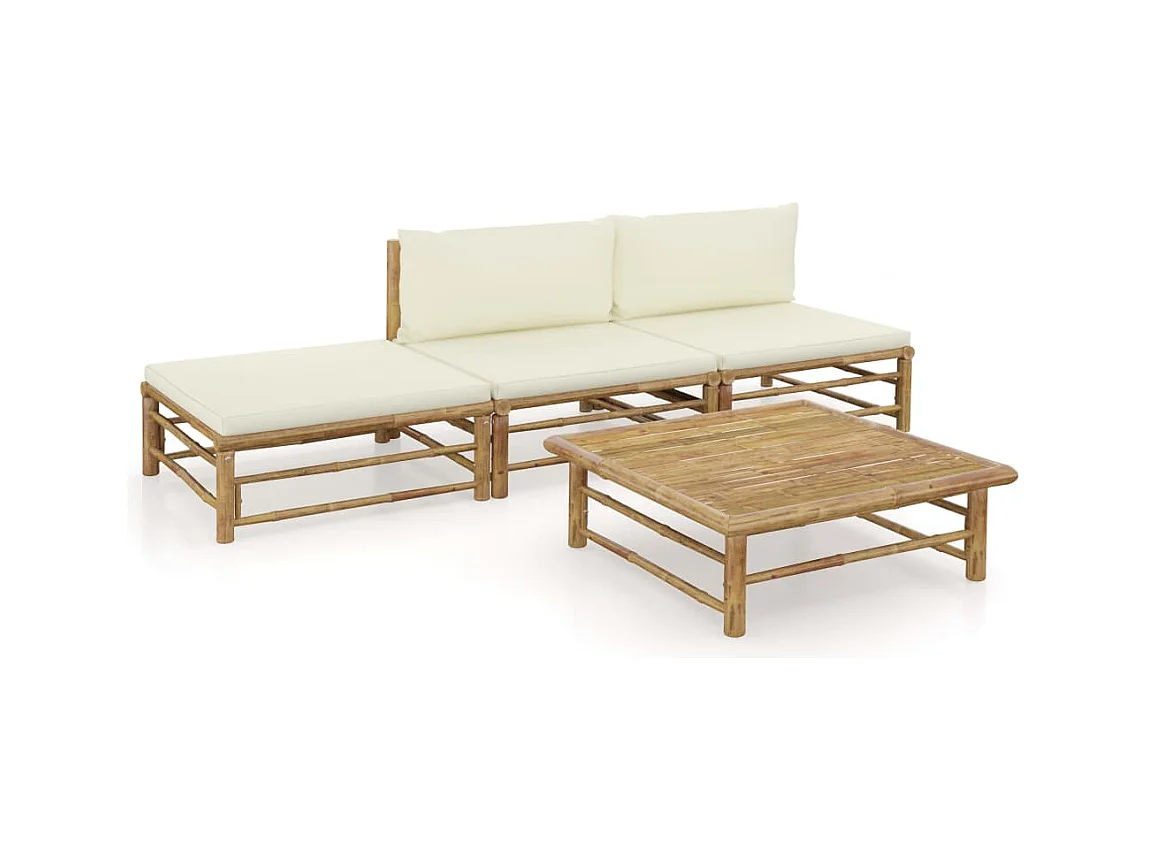 Set Divani da Giardino 4 pz con Cuscini Bianco Crema in Bambù