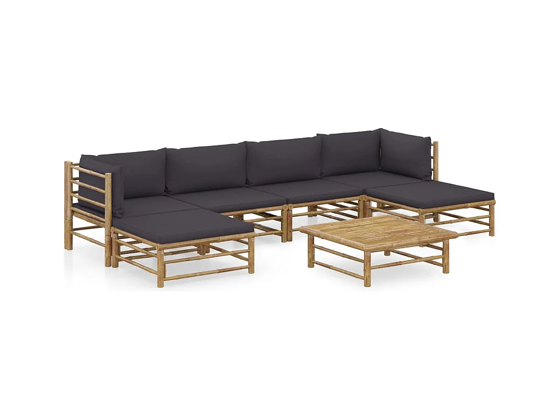 Salon de jardin 7 pcs avec coussins gris foncé bambou