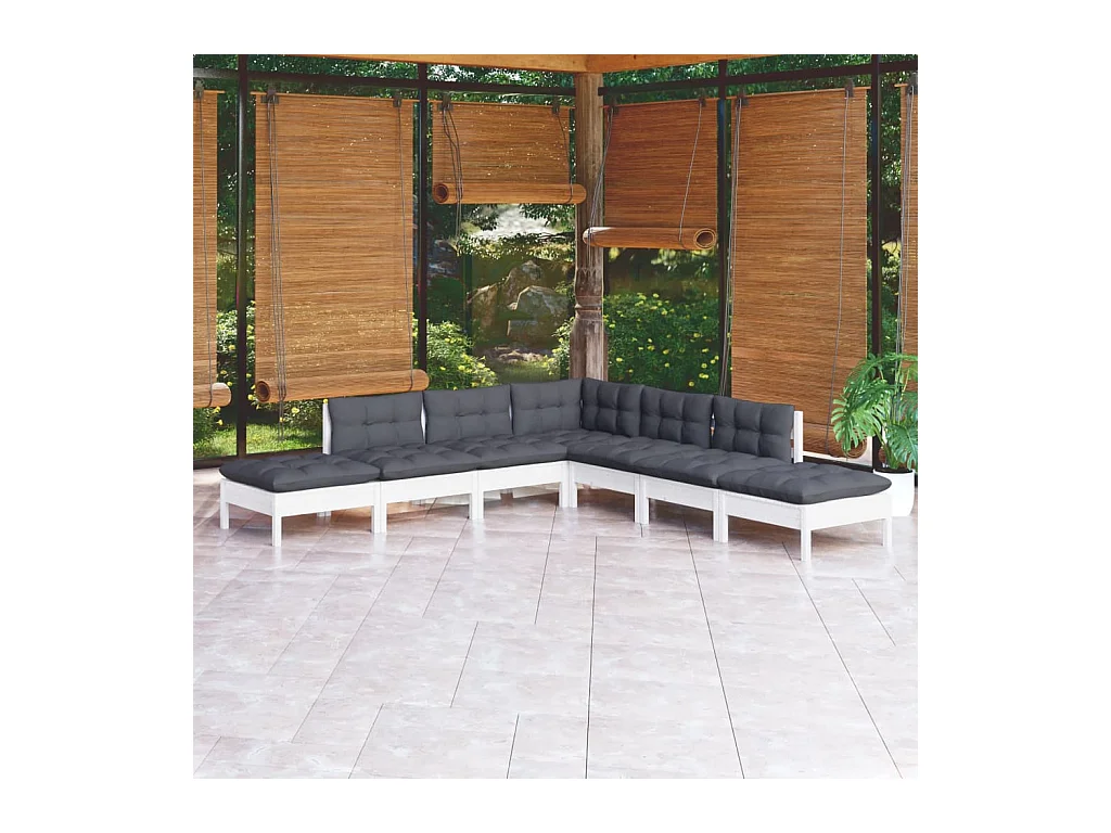 Salon de jardin 7 pcs avec coussins blanc bois de pin