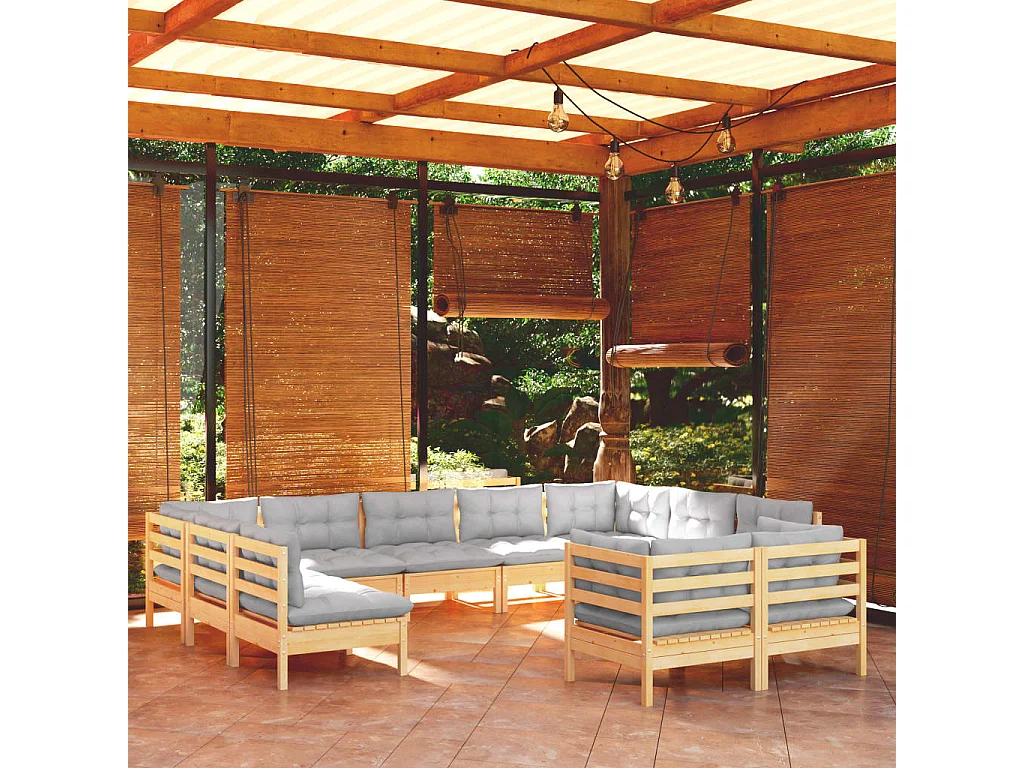 11pcs conjunto lounge de jardim + almofadões cinza pinho maciço