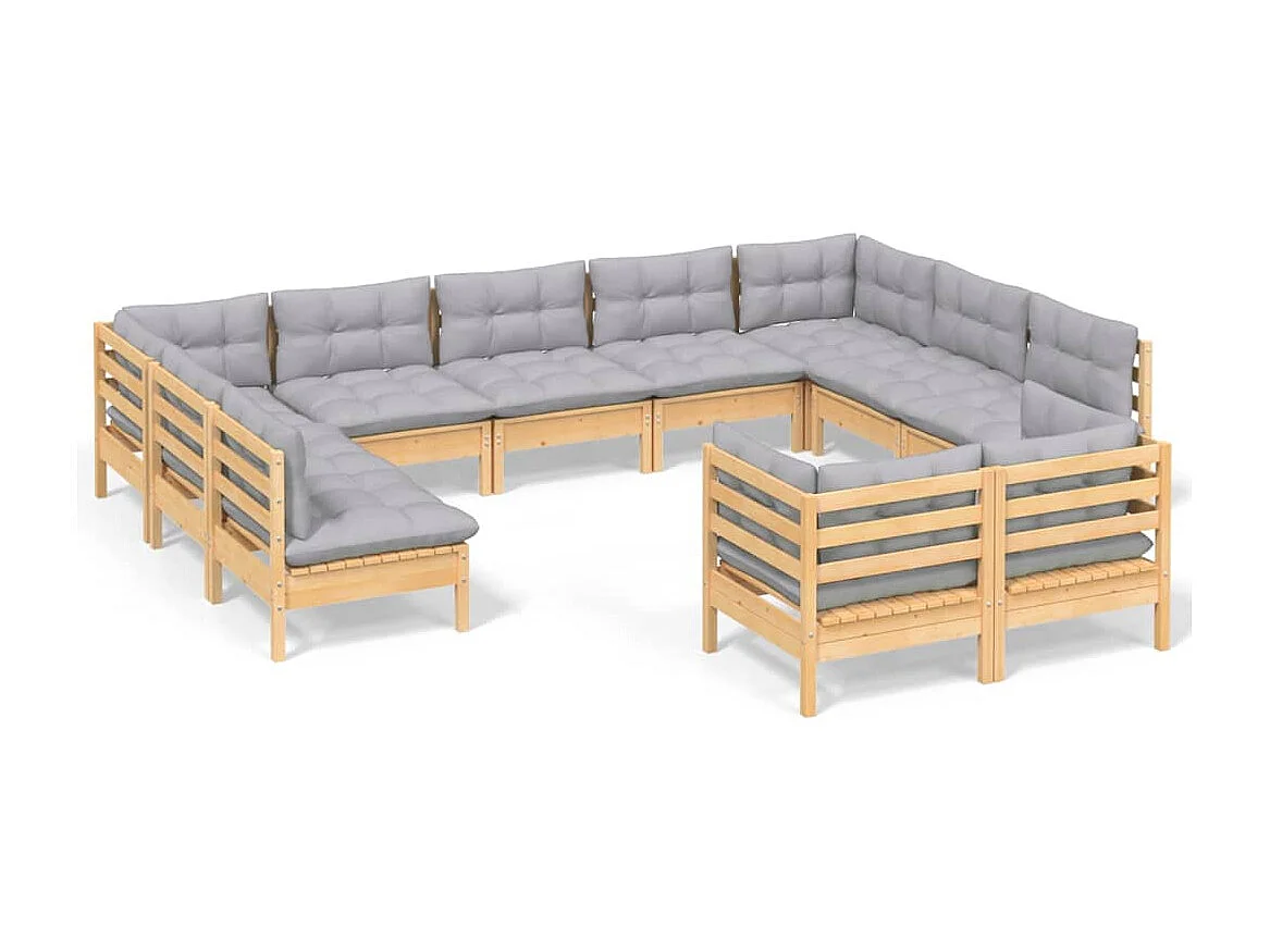 11pcs conjunto lounge de jardim + almofadões cinza pinho maciço