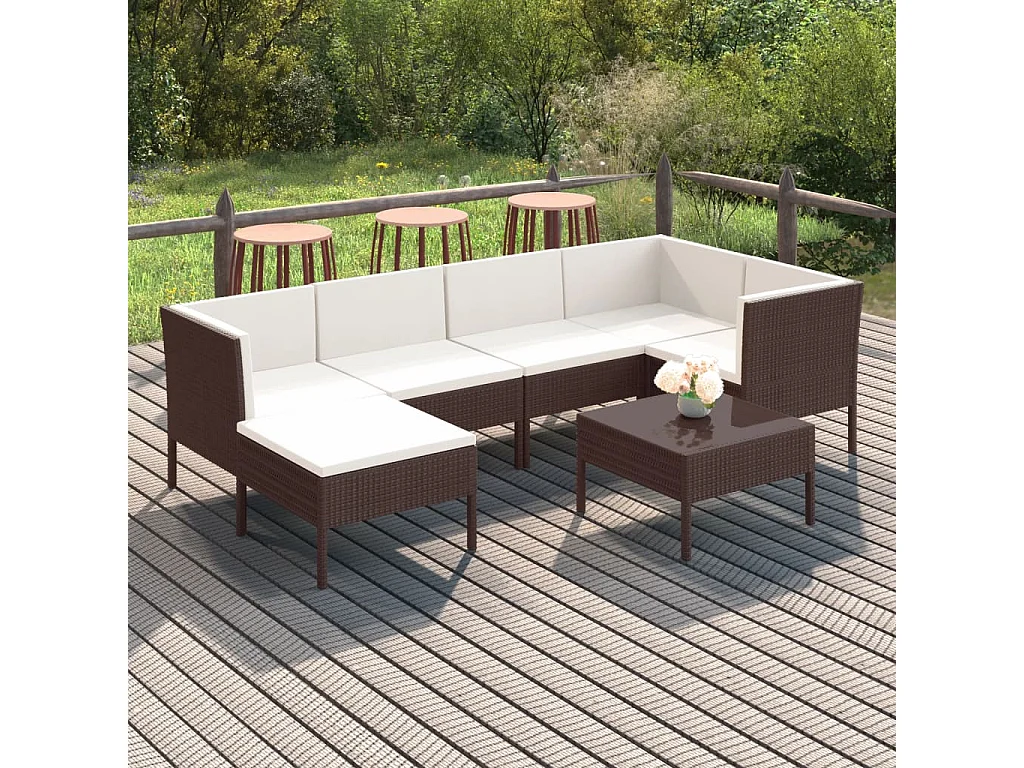 7 pcs conjunto lounge jardim c/ almofadões vime PE castanho