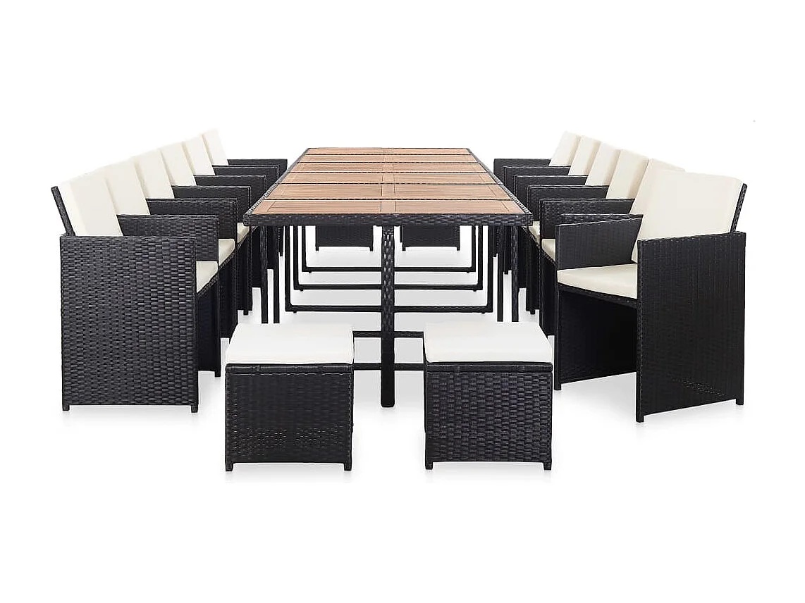 Ensemble à manger d'extérieur 17 pcs avec coussins Rotin Noir