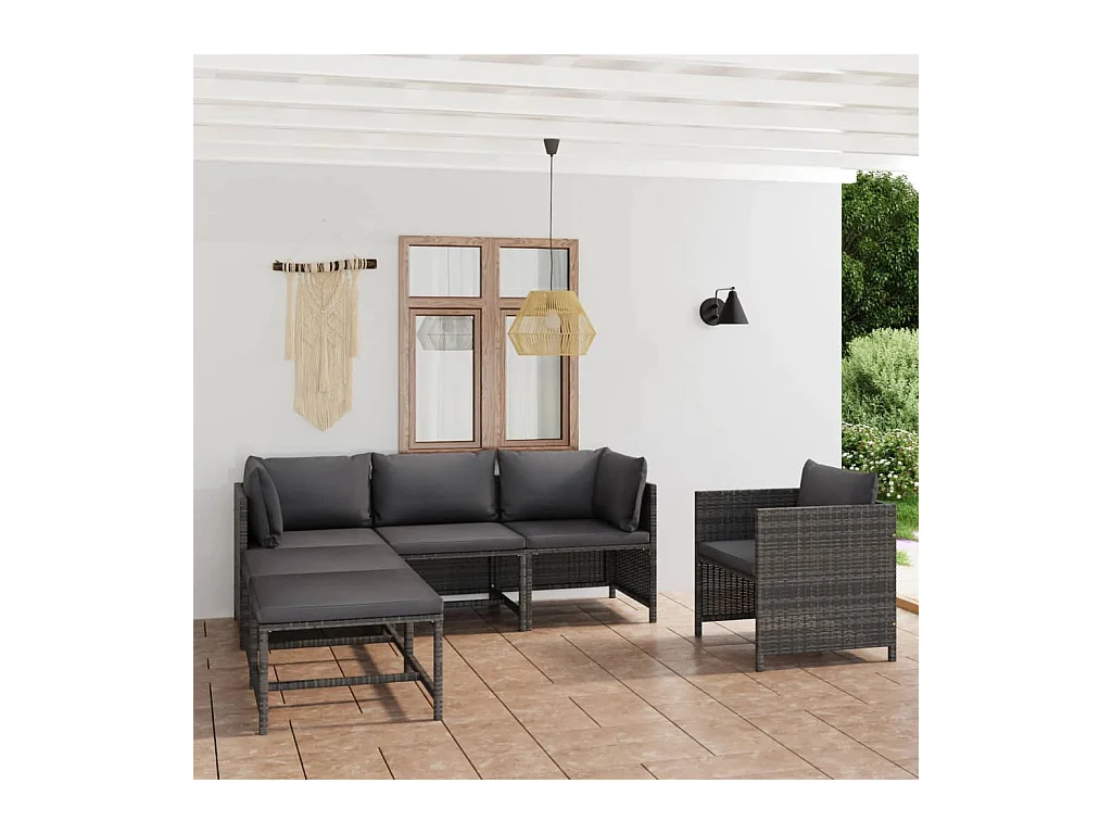 6-tlg. Garten-Lounge-Set mit Kissen Poly Rattan Grau