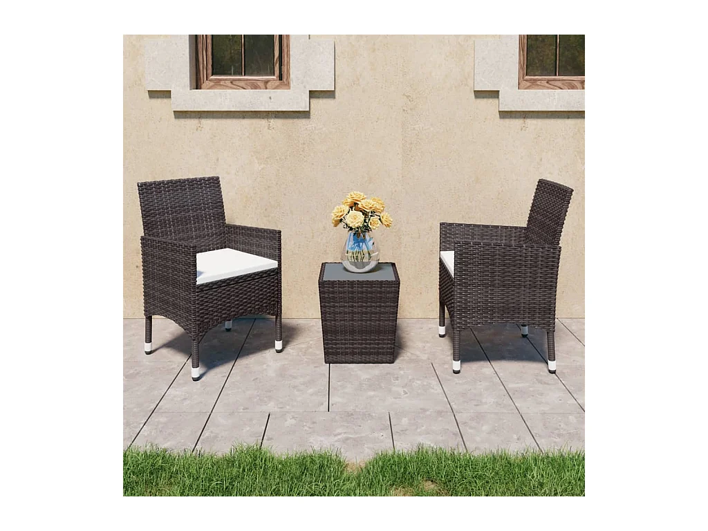 3-delige Bistroset poly rattan en gehard glas bruin