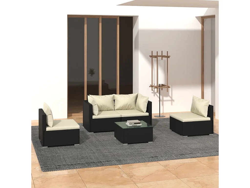 Salon de jardin 5 pcs avec coussins Résine tressée Noir