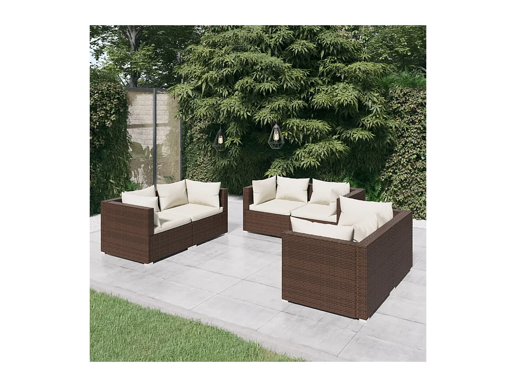 Salon de jardin 6 pcs avec coussins Résine tressée Marron