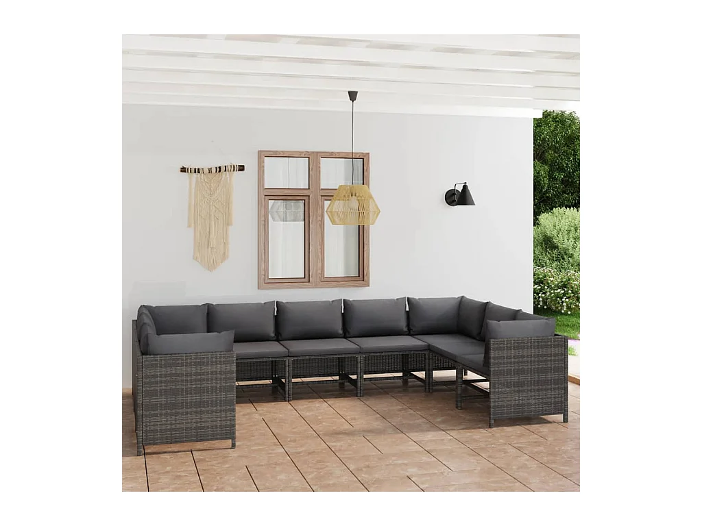 Salon de jardin 9 pcs avec coussins Résine tressée Gris