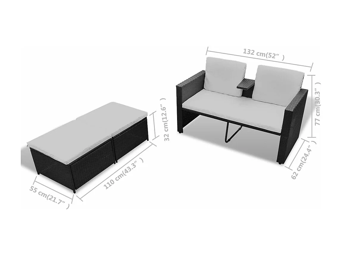 Set muebles de jardín 4 piezas y cojines ratán sintético negro