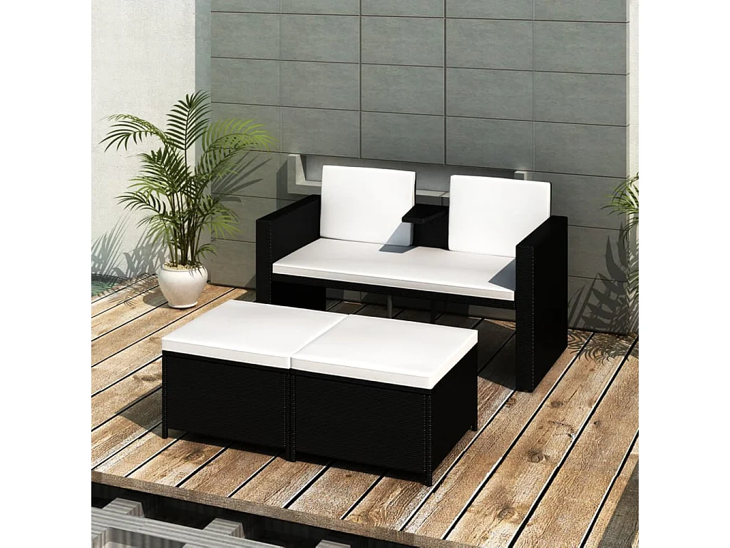 4-delige Loungeset met kussens poly rattan zwart