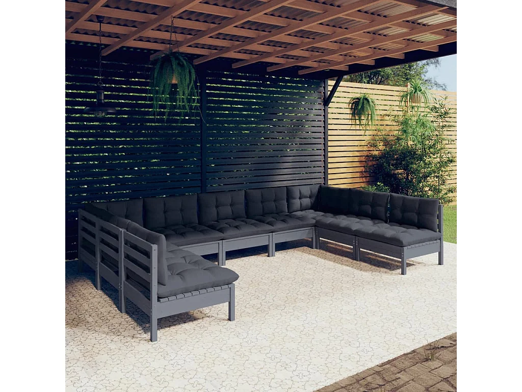 9-delige Loungeset met kussens massief grenenhout grijs